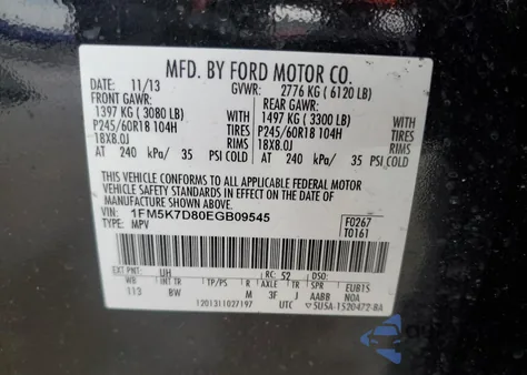 2014 Ford Explorer Xlt from USA, damaged, VIN 1FM5K7D80EGB09545
